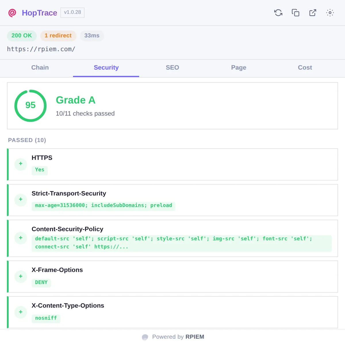 HopTrace Security view for rpiem.com after the fix: grade A, 95 out of 100, 10 of 11 checks passed, showing the HSTS, CSP, X-Frame-Options and X-Content-Type-Options values