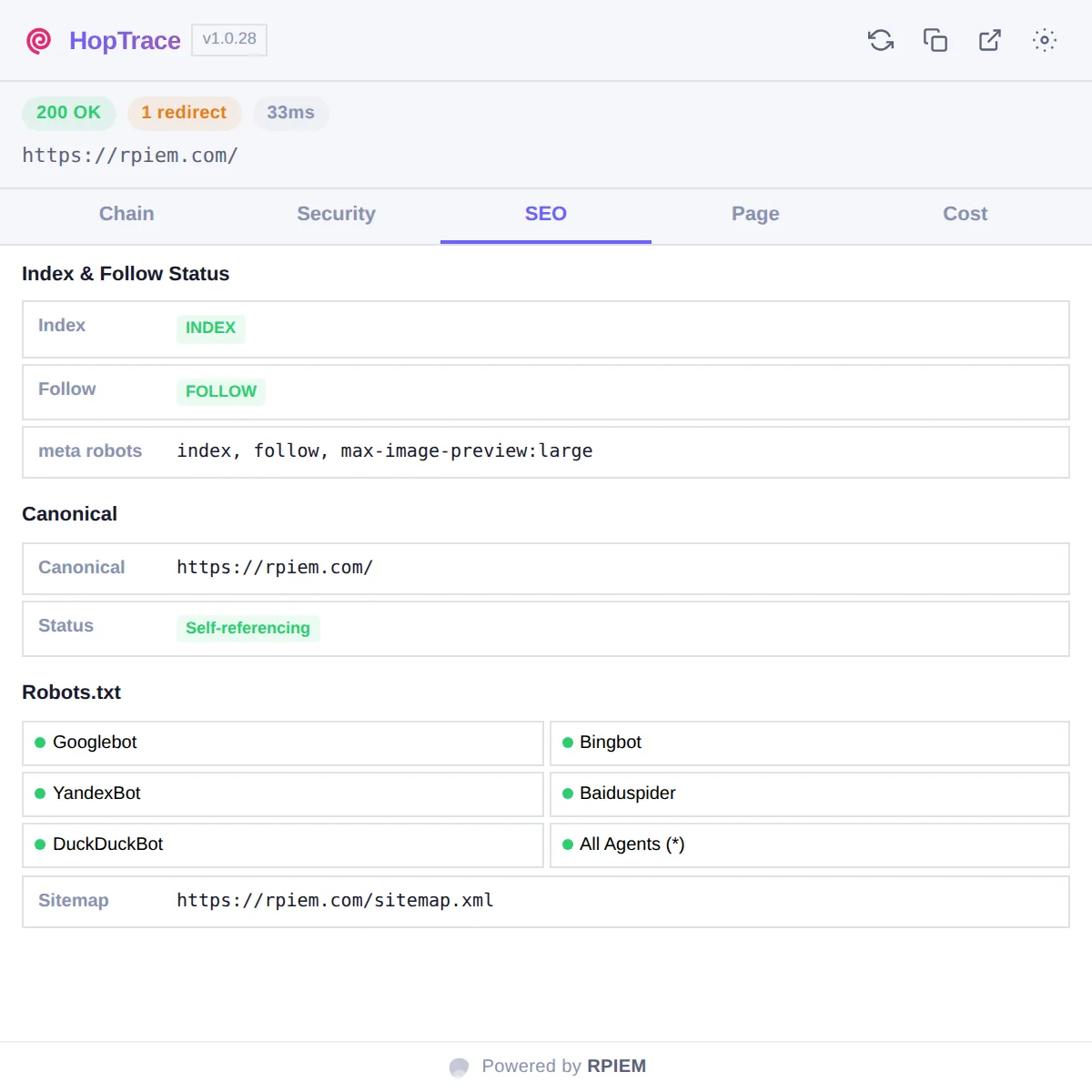 HopTrace SEO view for rpiem.com: index and follow status, a self-referencing canonical, robots.txt results per crawler, and the sitemap URL